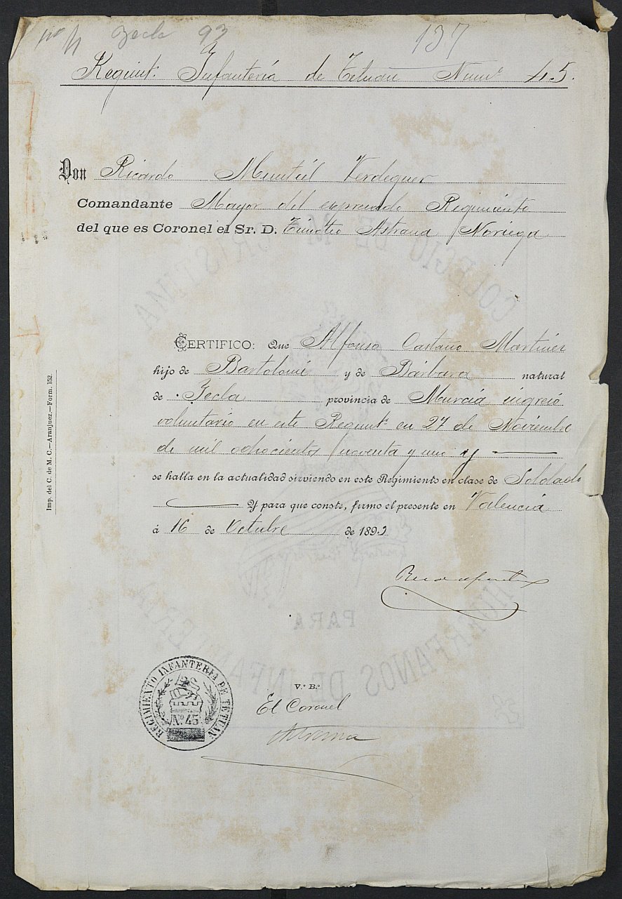 Certificado de servicio como voluntario del Ejército de Alfonso Castaño Martínez para la excepción del servicio militar, mozo del reemplazo de 1893 de Yecla.