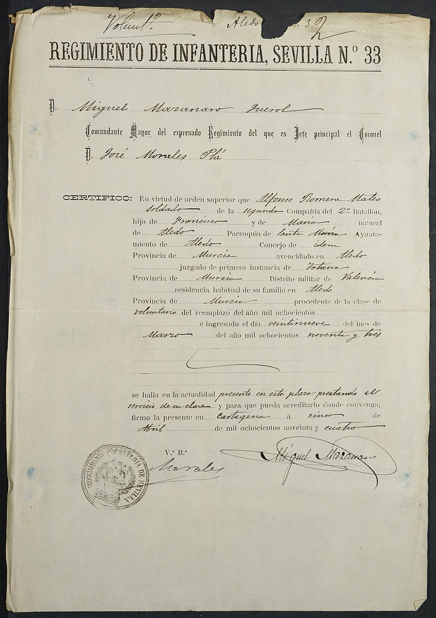 Expediente General de Reclutamiento y Reemplazo de Aledo. Año 1894.