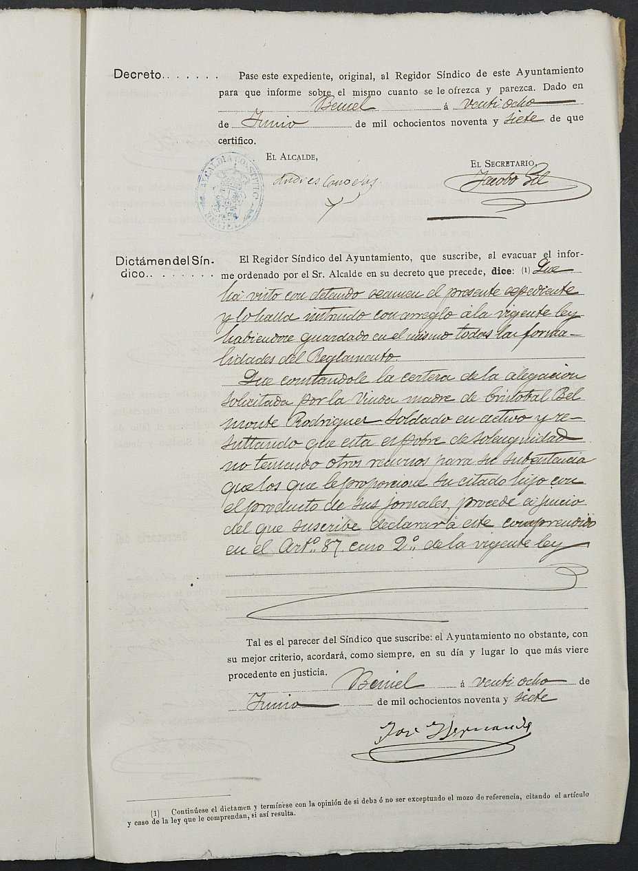 Expediente justificativo de la excepción del servicio militar de Cristóbal Belmonte Rodríguez, mozo del reemplazo de 1894 de Beniel.