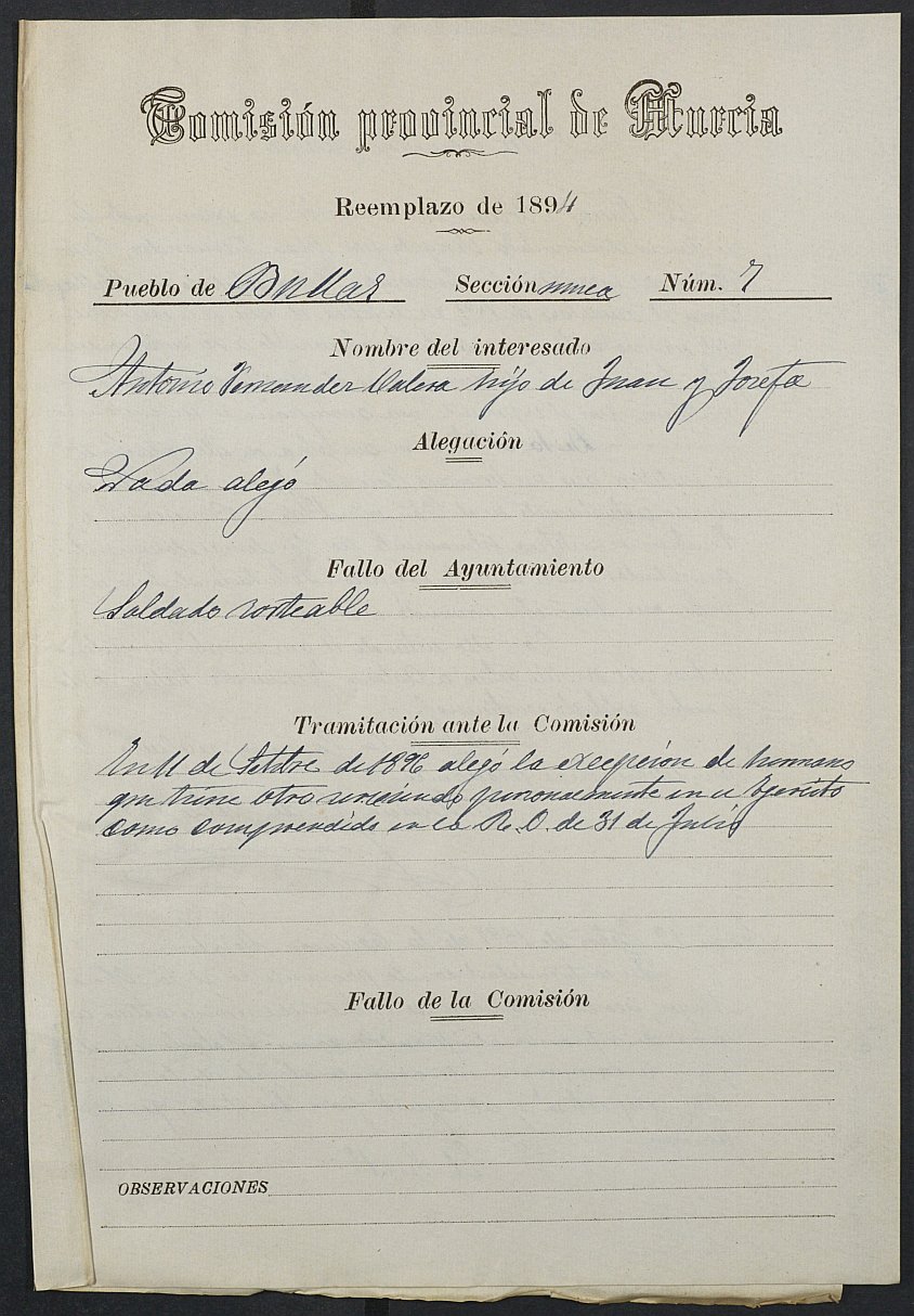 Expediente justificativo de la excepción del servicio militar de Antonio Fernández Valera, mozo del reemplazo de 1894 de Bullas.