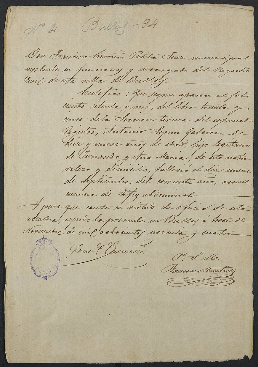 Certificado de defunción de Antonio Espín Gabarrón para la excepción del servicio militar, mozo del reemplazo de 1894 de Bullas.