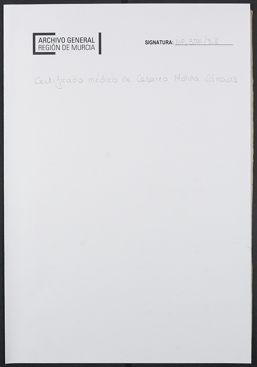 Certificado médico de Cesáreo Molina Cánovas para la excepción del servicio militar, mozo del reemplazo de 1894 de Blanca.