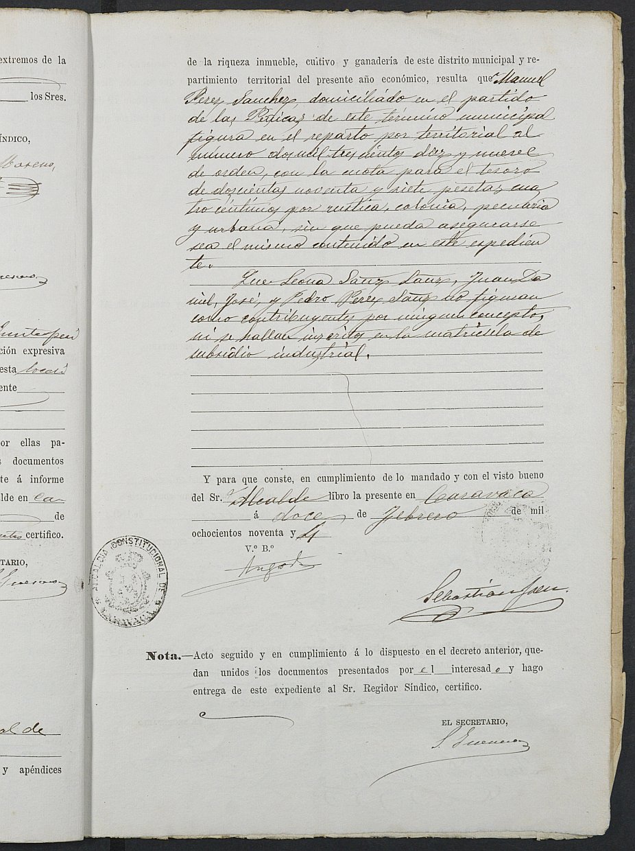 Expediente justificativo de la excepción del servicio militar de Juan Pérez Sánchez, mozo del reemplazo de 1894 de Caravaca de la Cruz.