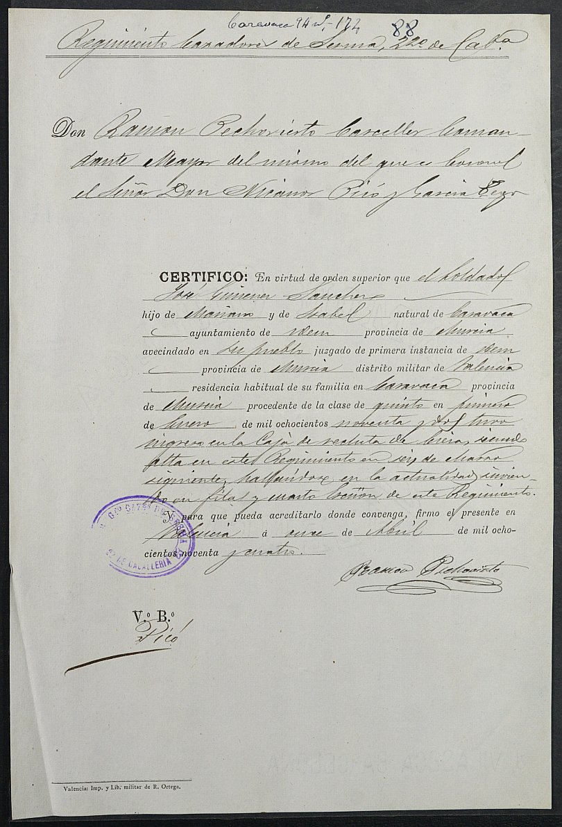Certificado de servicio como voluntario del Ejército de José Giménez Sánchez para la excepción del servicio militar, mozo del reemplazo de 1894 de Caravaca de la Cruz.