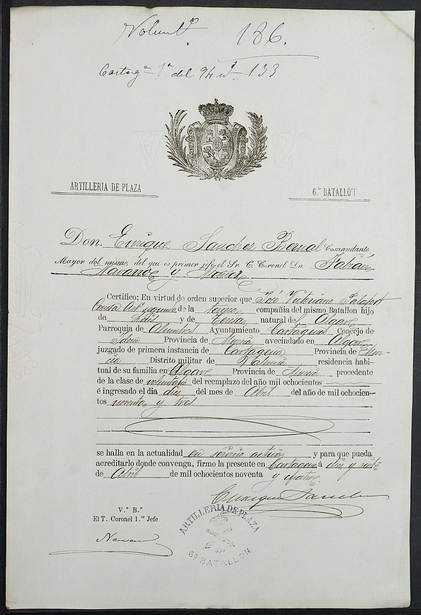 Certificado de servicio como voluntario del Ejército de José Palafort Conesa para la excepción del servicio militar, mozo del reemplazo de 1894 de Cartagena.