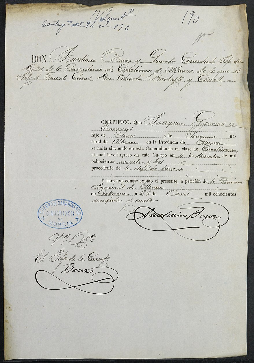 Certificado de servicio como voluntario del Ejército de Joaquín Gómez Torneros para la excepción del servicio militar, mozo del reemplazo de 1894 de Cartagena.