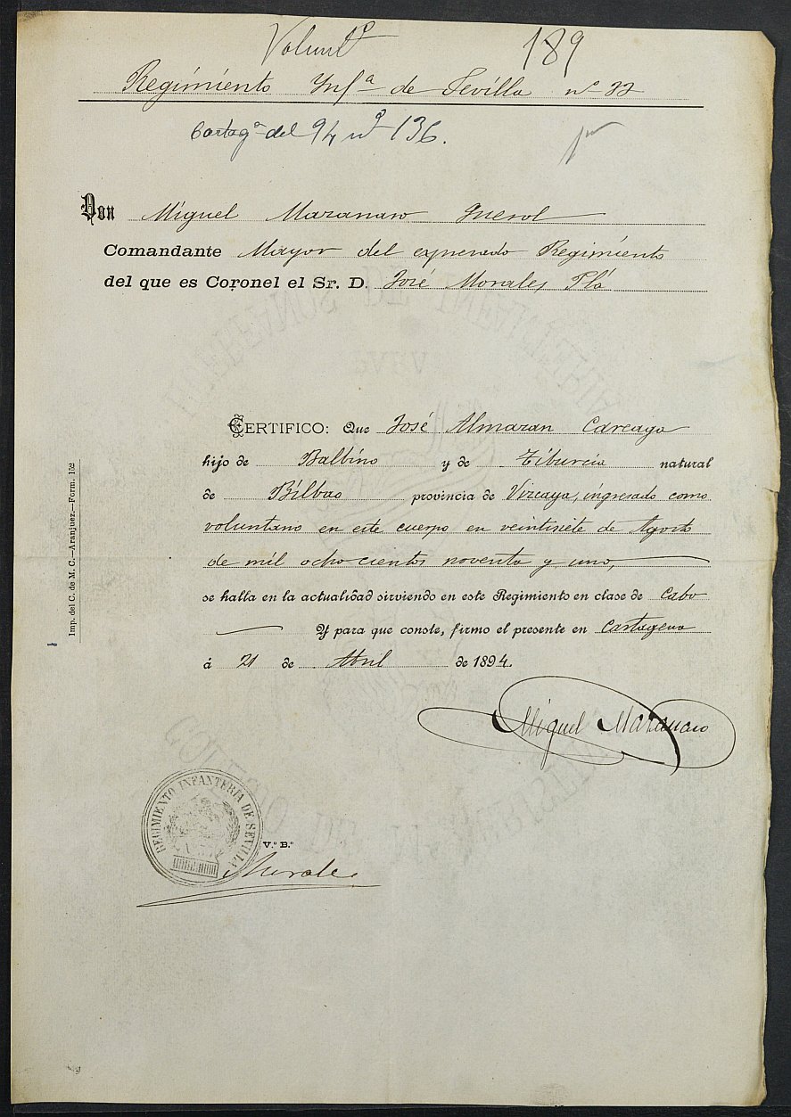 Certificado de servicio como voluntario del Ejército de José Almazán Careaga para la excepción del servicio militar, mozo del reemplazo de 1894 de Cartagena.