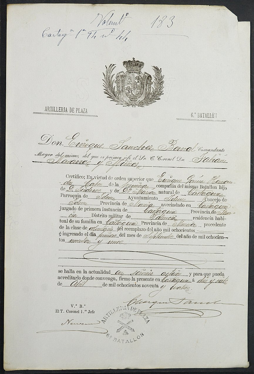 Certificado de servicio como voluntario del Ejército de Enrique García Hernández para la excepción del servicio militar, mozo del reemplazo de 1894 de Cartagena.