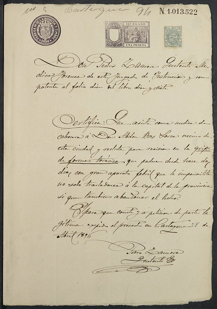 Certificado médico de de Abdón Bas Lorca para la excepción del servicio militar, mozo del reemplazo de 1894 de Cartagena.