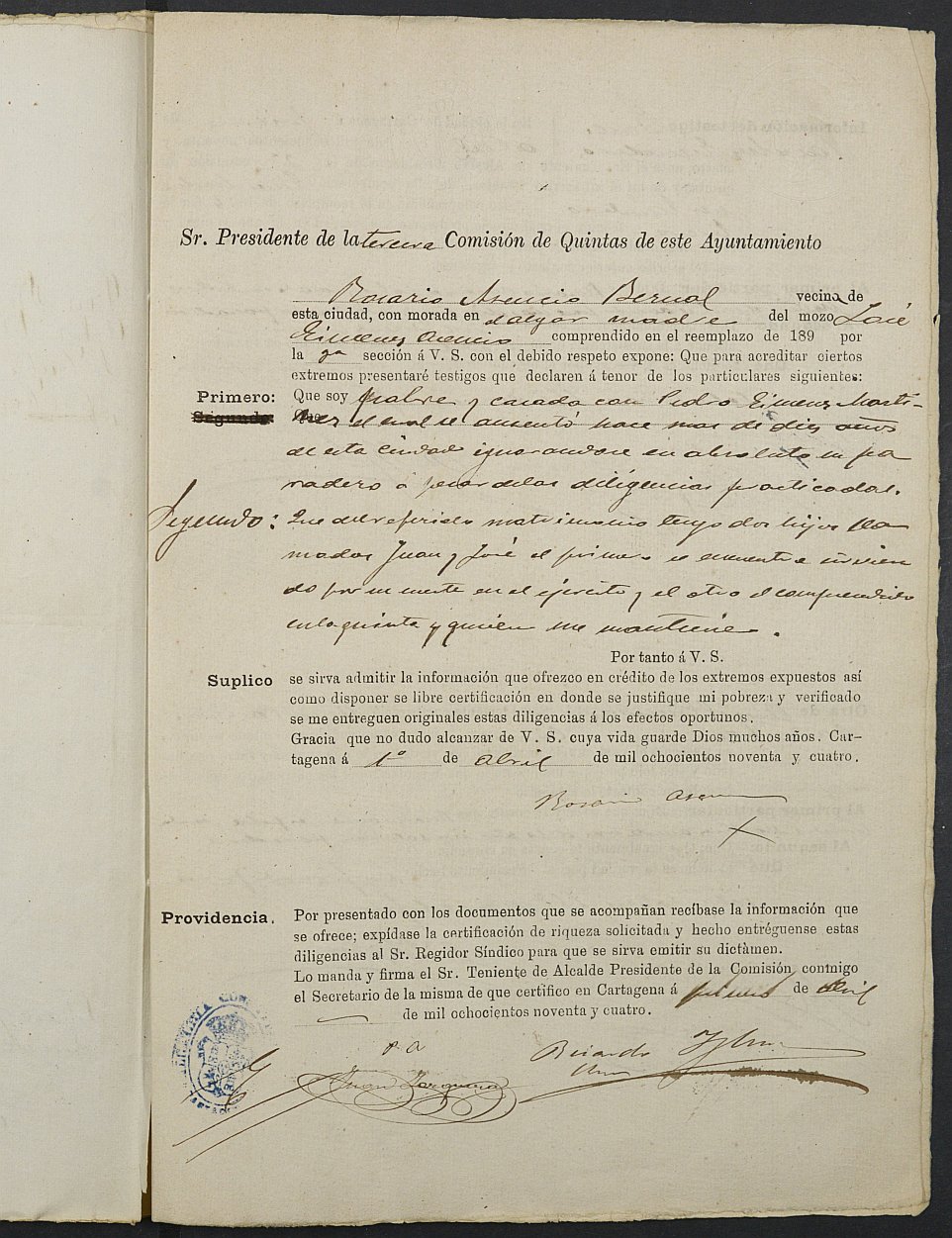 Expediente justificativo de la excepción del servicio militar de José Giménez Asensio, mozo del reemplazo de 1894 de Cartagena.