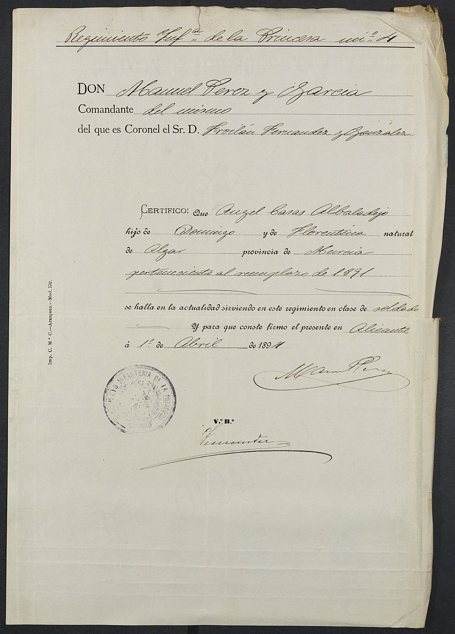 Expediente justificativo de la excepción del servicio militar de Francisco Casas Albaladejo, mozo del reemplazo de 1894 de Cartagena.