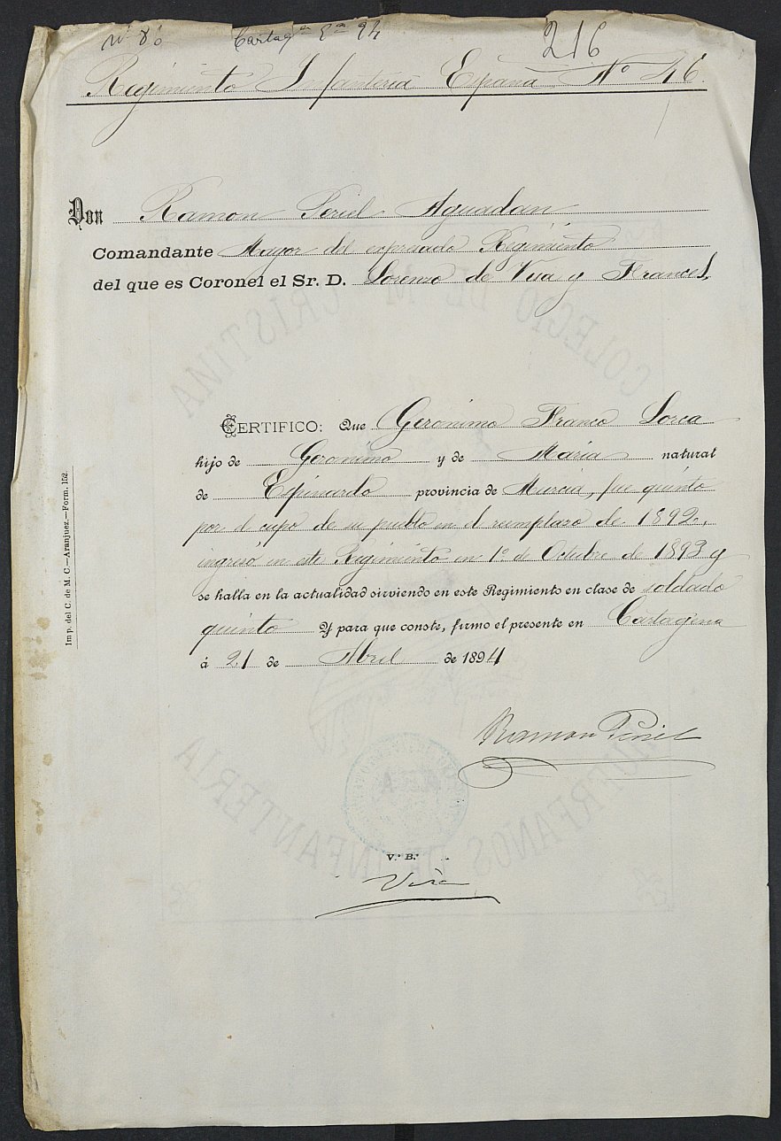 Certificado de servicio como voluntario del Ejército de Gerónimo Franco Lorca para la excepción del servicio militar, mozo del reemplazo de 1894 de Cartagena.