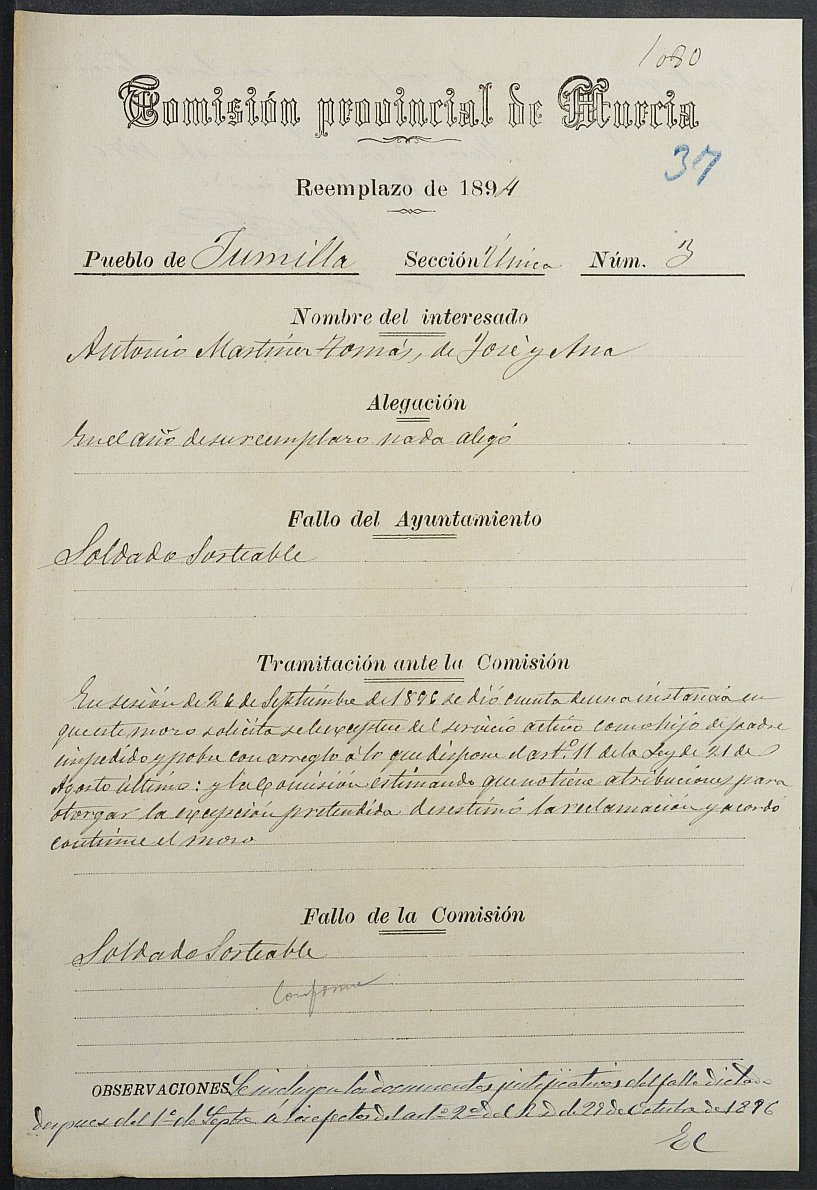 Expediente justificativo de la excepción del servicio militar de Antonio Martínez Tomás , mozo del reemplazo de 1894 de Jumilla.
