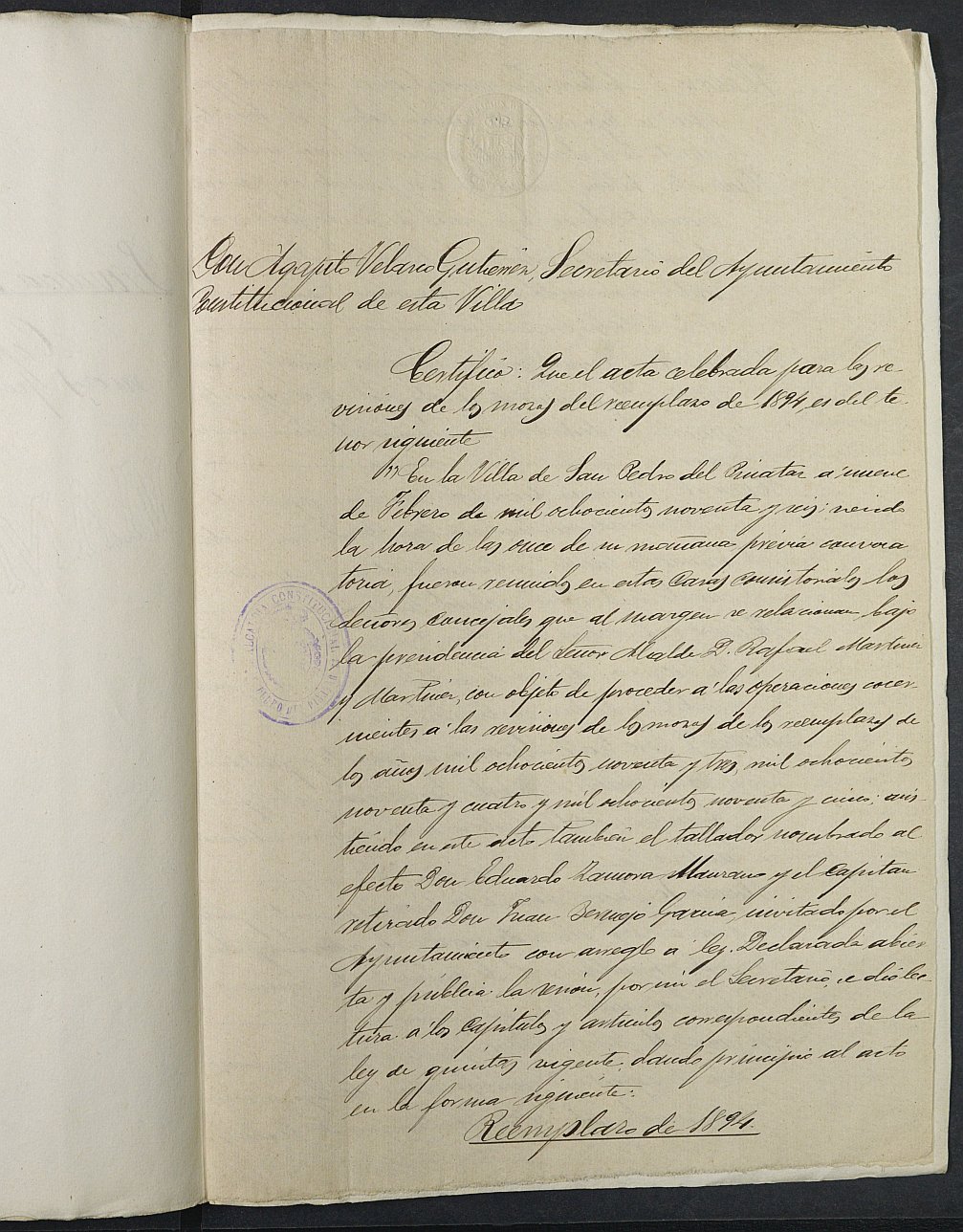Copia certificada del expediente general de Quintas del Ayuntamiento de San Pedro del Pinatar del cupo de 1894.
