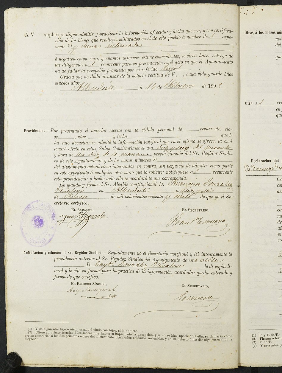 Expediente justificativo de la excepción del servicio militar de Luis Vicente Cortés, mozo del reemplazo de 1895 de Albudeite.
