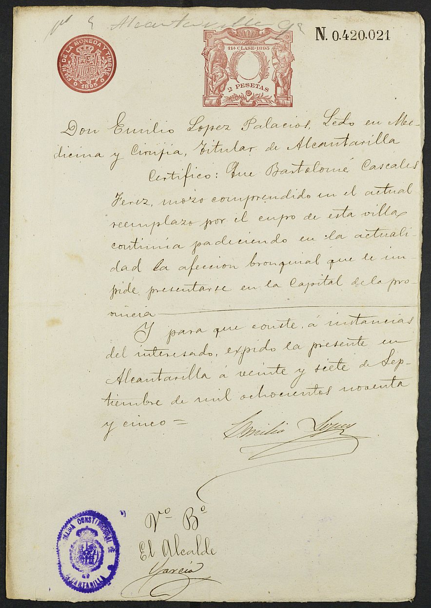 Certificado médico de Bartolomé Cascales Férez para la excepción del servicio militar, mozo del reemplazo de 1895 de Alcantarilla.