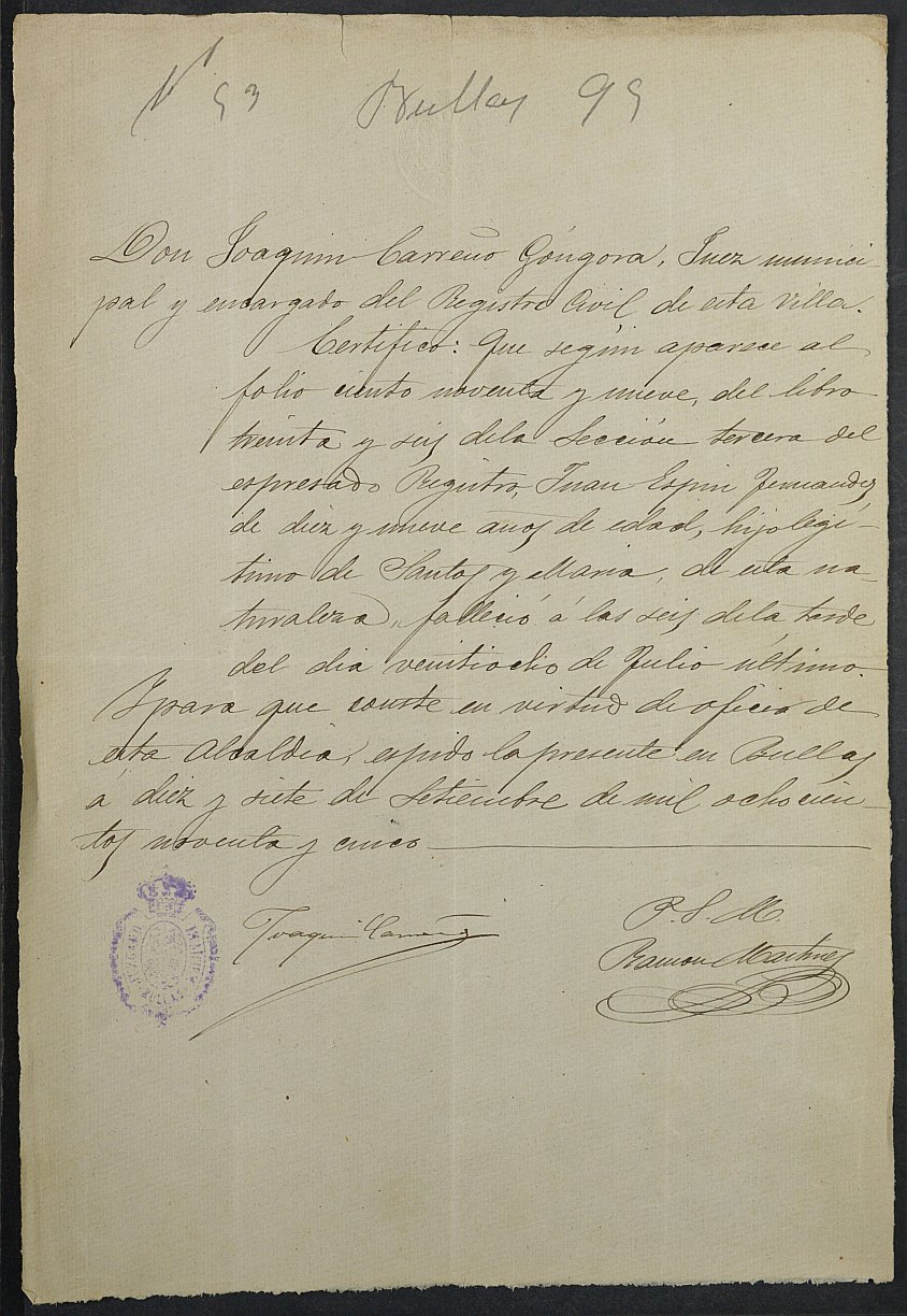 Certificado de defunción de Juan Francisco Espín Fernández para la excepción del servicio militar, mozo del reemplazo de 1895 de Bullas.