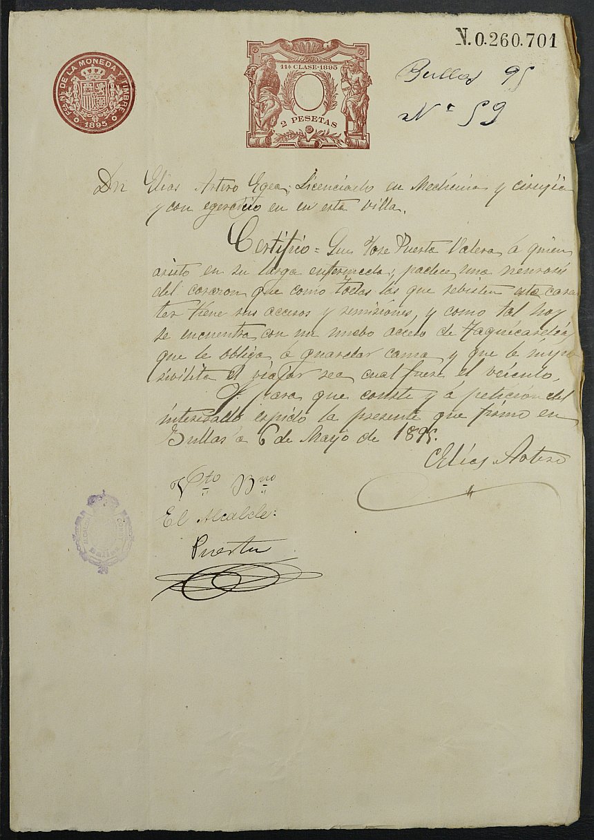 Certificado médico de José Puerta Valera para la excepción del servicio militar, mozo del reemplazo de 1895 de Bullas.