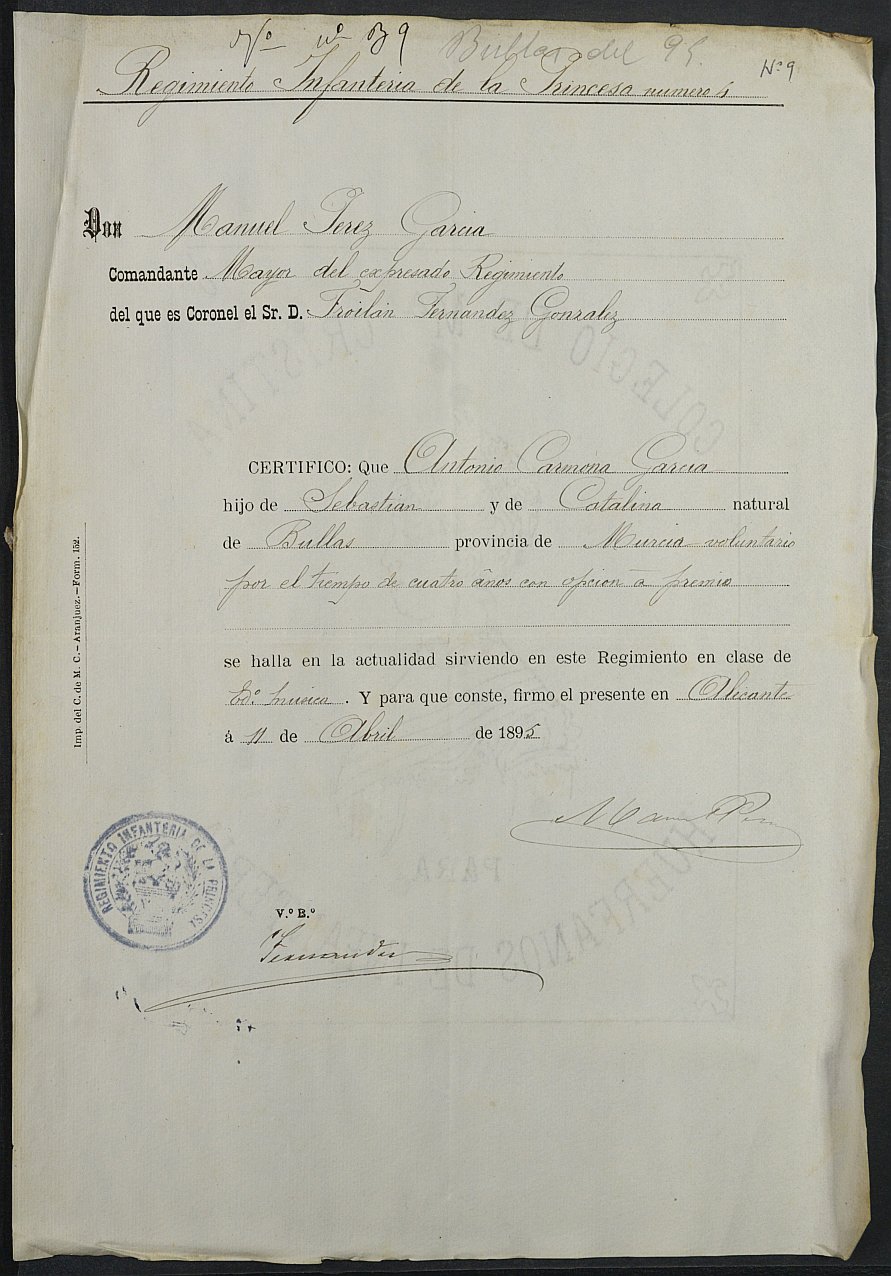 Certificado de servicio como voluntario del Ejército de Antonio Carmona García para la excepción del servicio militar, mozo del reemplazo de 1895 de Bullas.