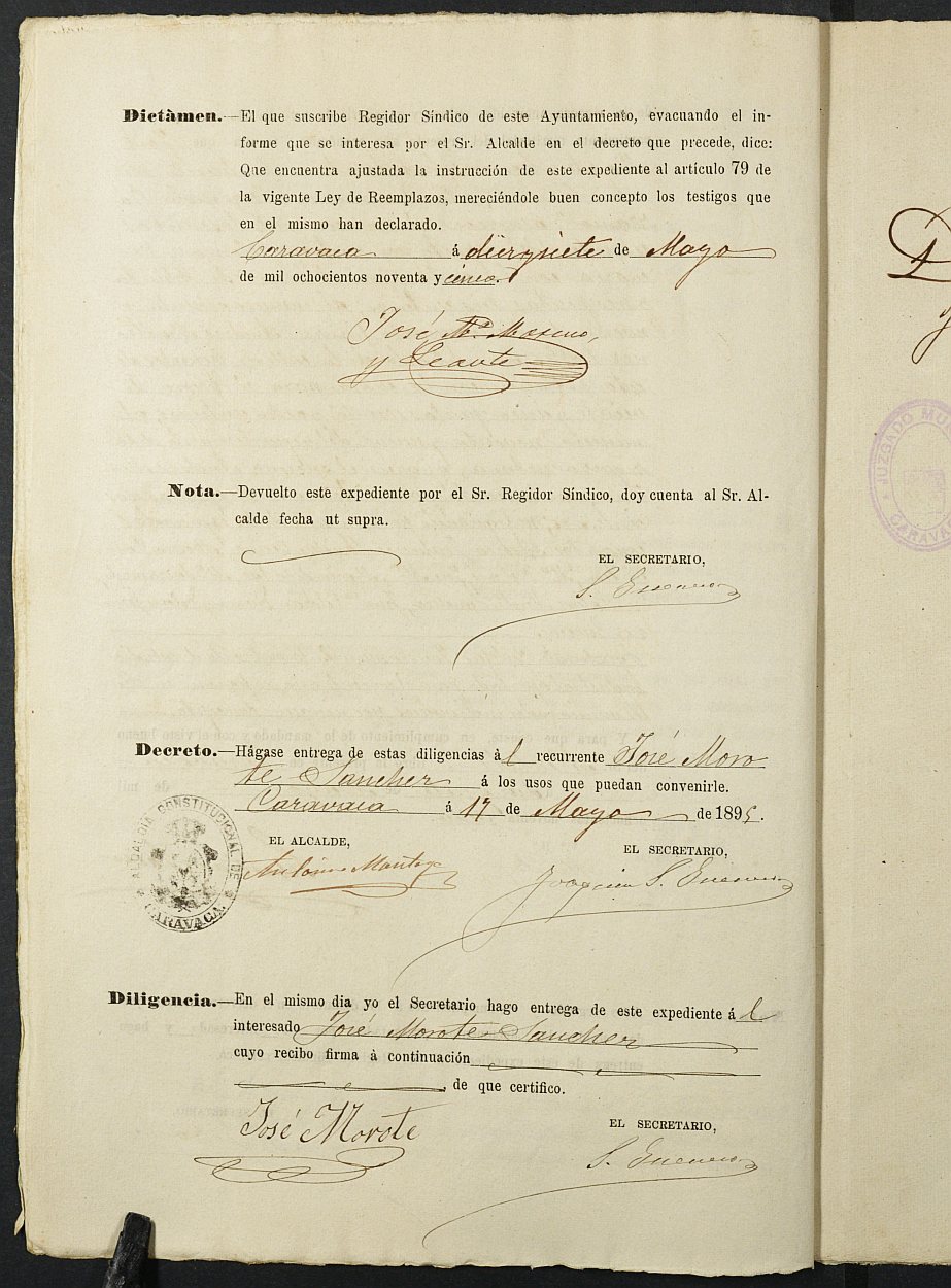 Expediente justificativo de la excepción del servicio militar de José María Morote Sánchez, mozo del reemplazo de 1895 de Caravaca de la Cruz.