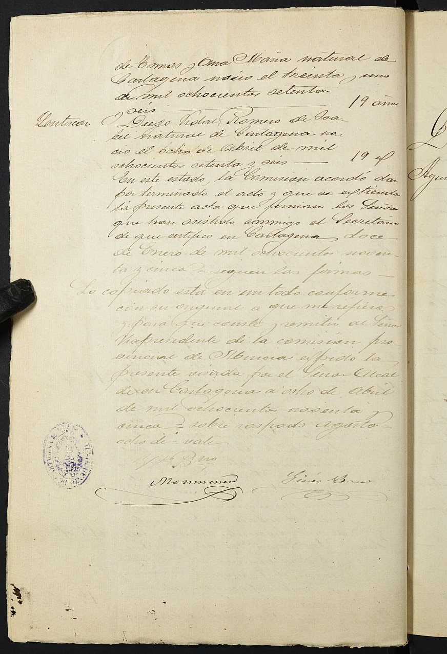 Copia certificada del expediente general de Quintas de la Sección 2ª del Ayuntamiento de Cartagena del reemplazo de 1895.