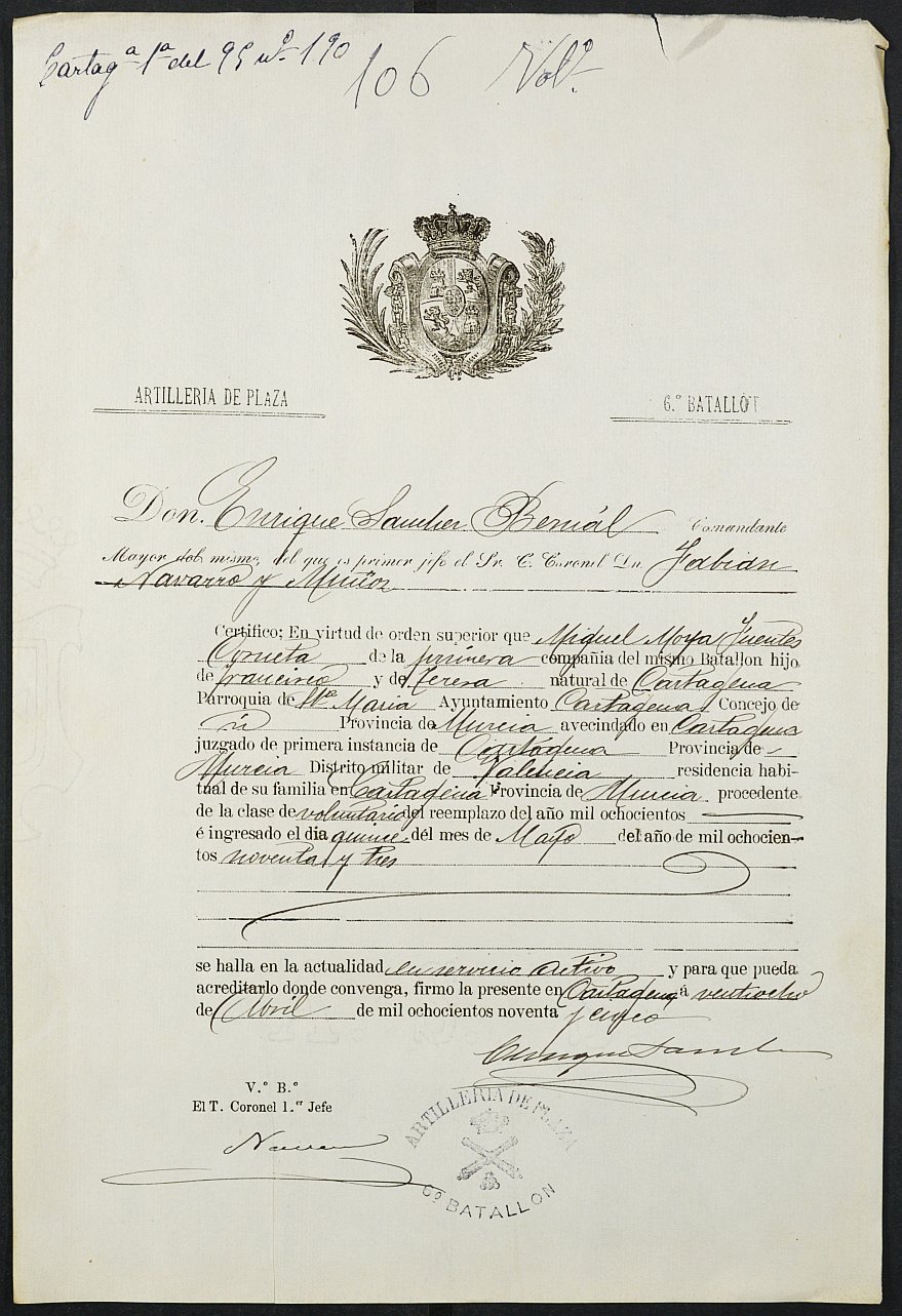 Certificado de servicio como voluntario del Ejército de Miguel Moya Fuentes para la excepción del servicio militar, mozo del reemplazo de 1895 de Cartagena.