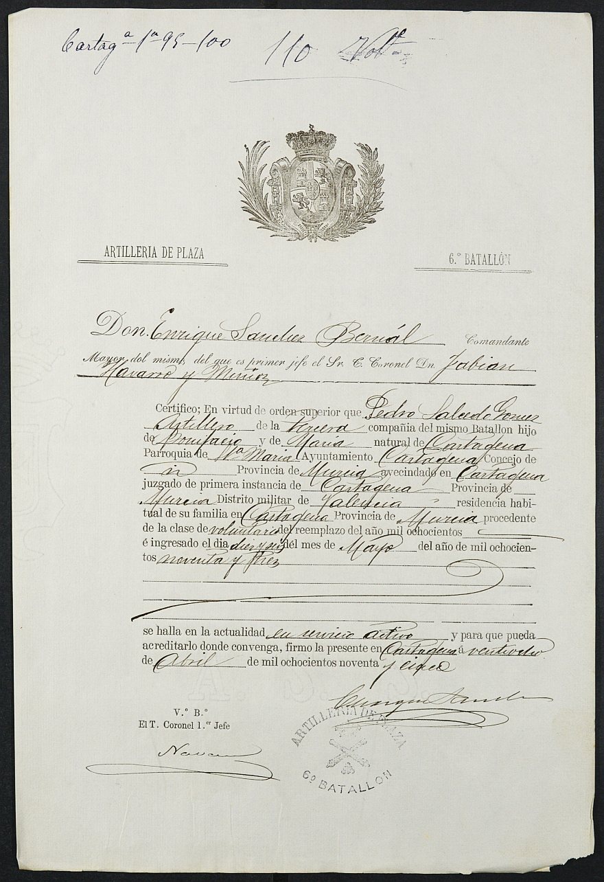 Certificado de servicio como voluntario del Ejército de Pedro Salcedo Gómez para la excepción del servicio militar, mozo del reemplazo de 1895 de Cartagena.