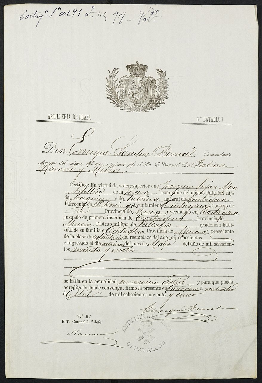 Certificado de servicio como voluntario del Ejército de Joaquín Luján Mora para la excepción del servicio militar, mozo del reemplazo de 1895 de Cartagena.
