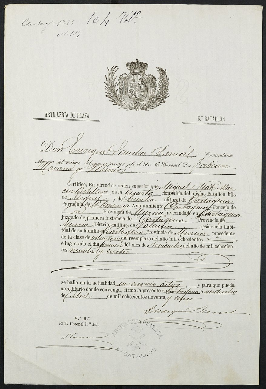 Certificado de servicio como voluntario del Ejército de Miguel Matías Alarcón para la excepción del servicio militar, mozo del reemplazo de 1895 de Cartagena.
