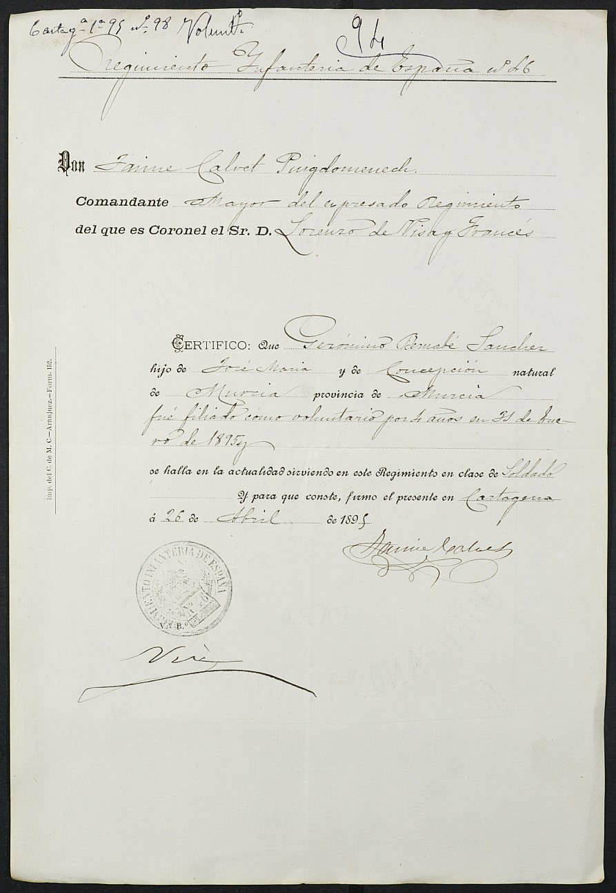 Certificado de servicio como voluntario del Ejército de Gerónimo Bernabé Sánchez para la excepción del servicio militar, mozo del reemplazo de 1895 de Cartagena.