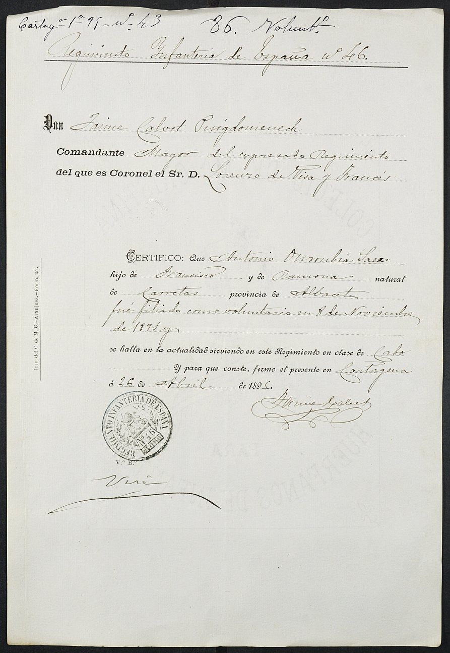 Certificado de servicio como voluntario del Ejército de Antonio Onrubia Sáez para la excepción del servicio militar, mozo del reemplazo de 1895 de Cartagena.