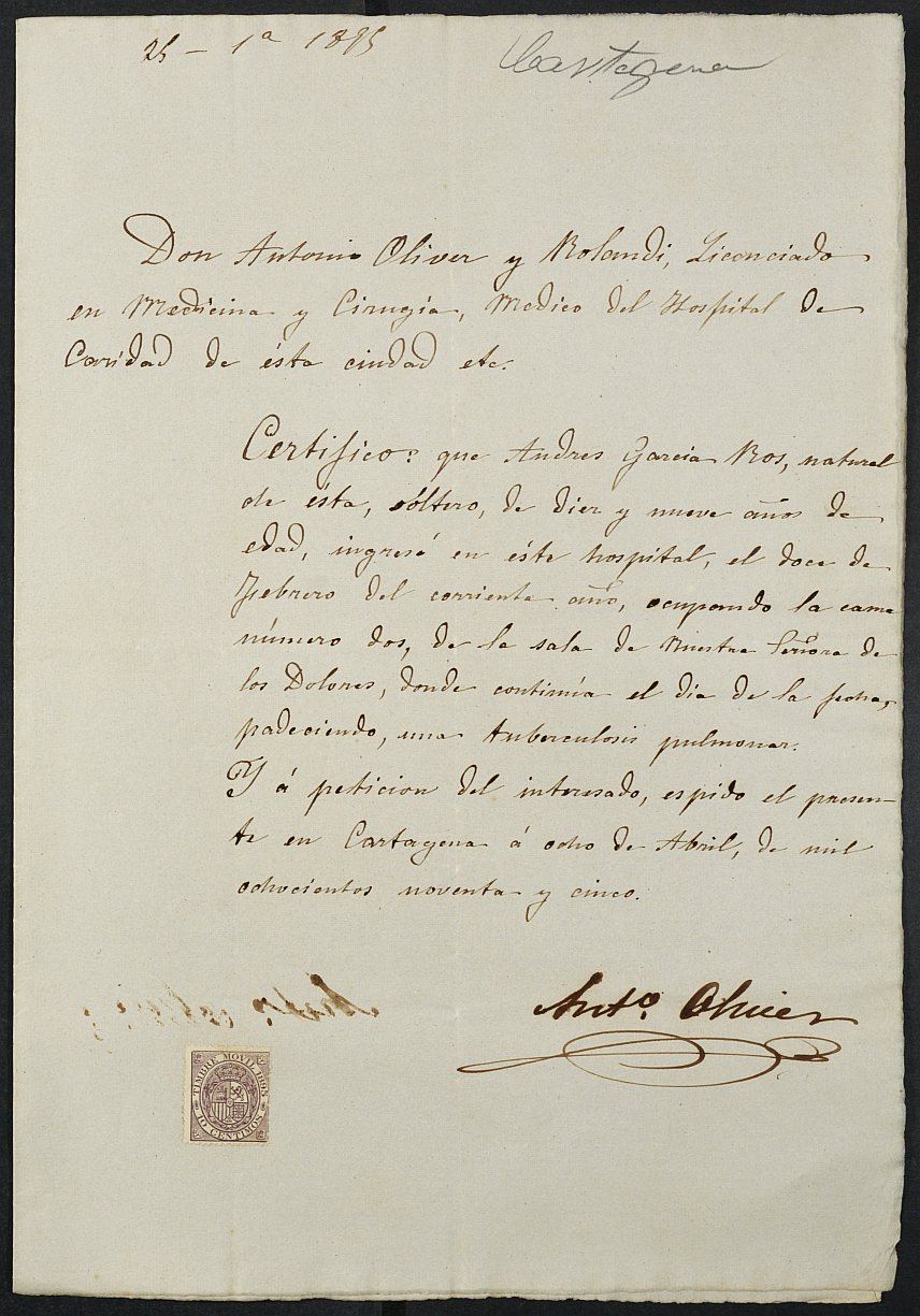 Certificado médico de Andrés García Ros para la excepción del servicio militar, mozo del reemplazo de 1895 de Cartagena.