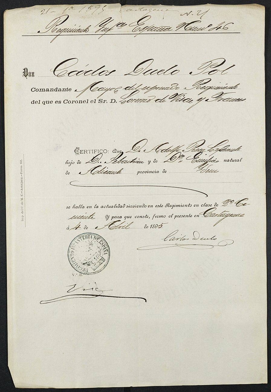 Certificado de servicio como voluntario del Ejército de Adolfo Roca García para la excepción del servicio militar, mozo del reemplazo de 1895 de Cartagena.