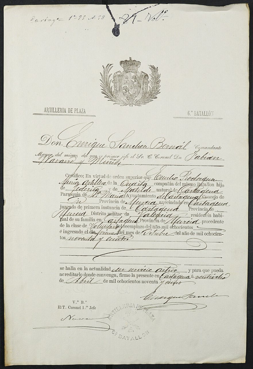 Certificado de servicio como voluntario del Ejército de Emilio Franco Rodríguez para la excepción del servicio militar, mozo del reemplazo de 1895 de Cartagena.