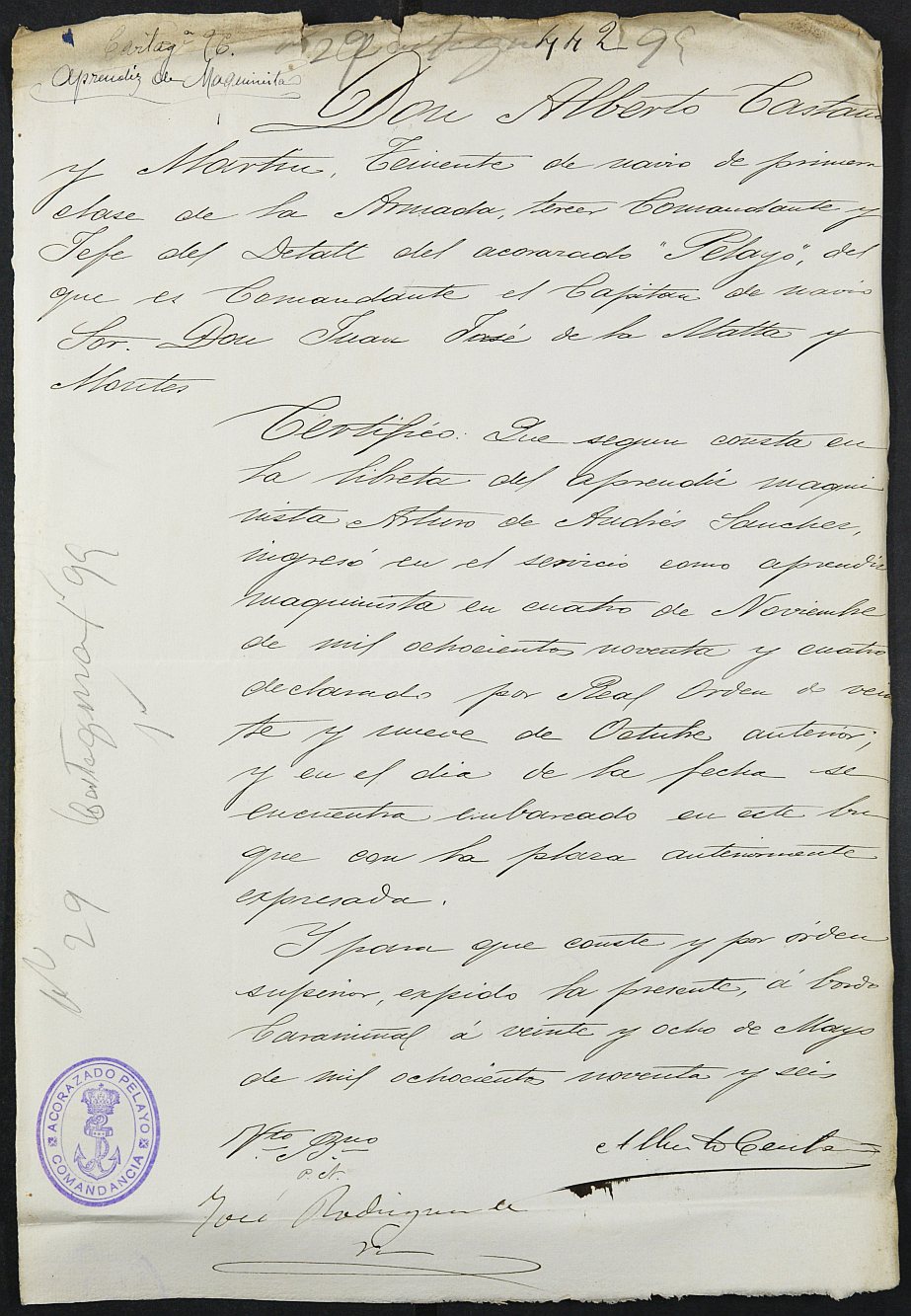 Certificado de servicio como voluntario en el Ejército de Arturo de Andrés Sánchez, mozo del reemplazo de 1895 de Cartagena.