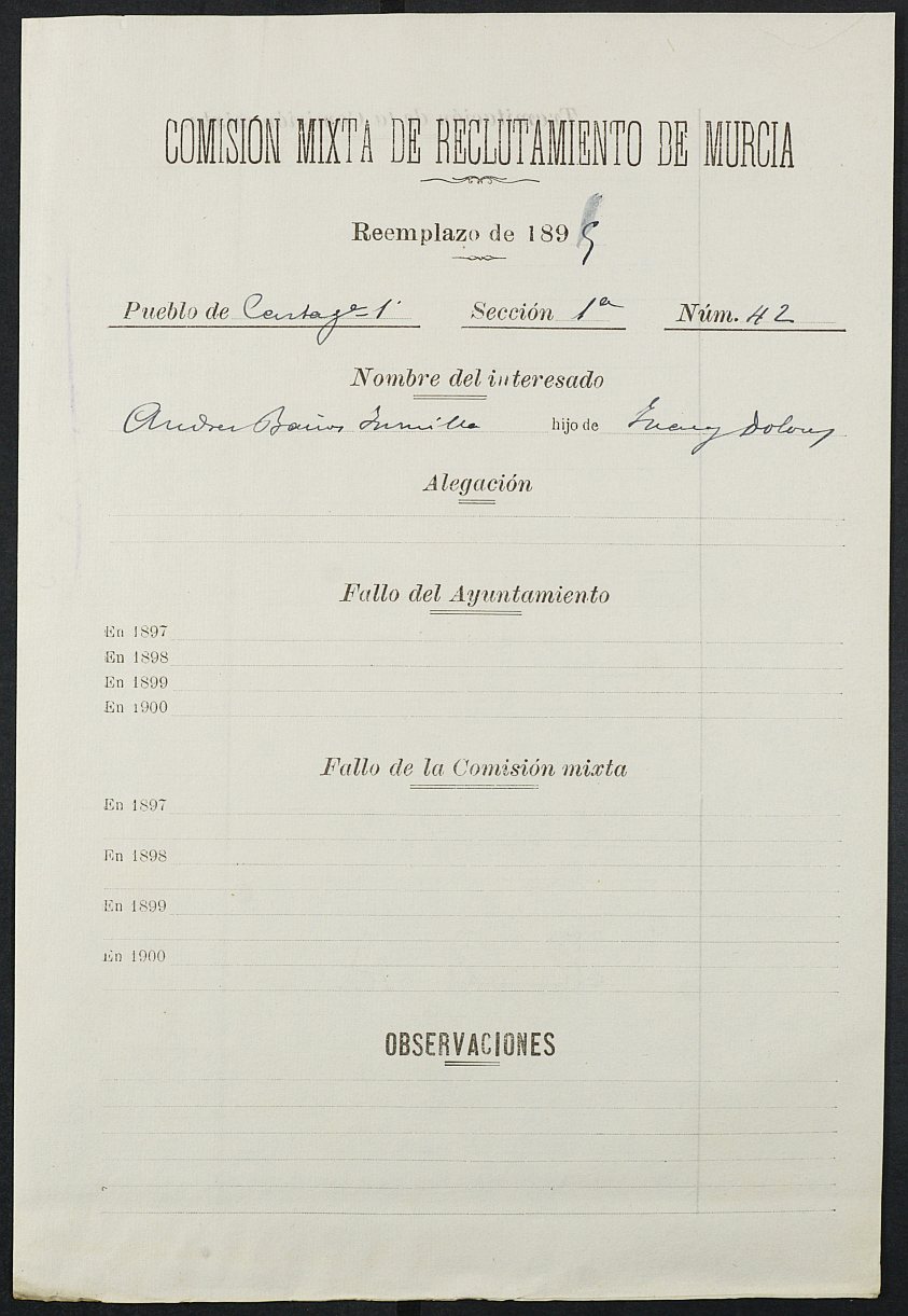 Expediente justificativo de la excepción del servicio militar de Andrés Baños Jumilla, mozo del reemplazo de 1895 de Cartagena.