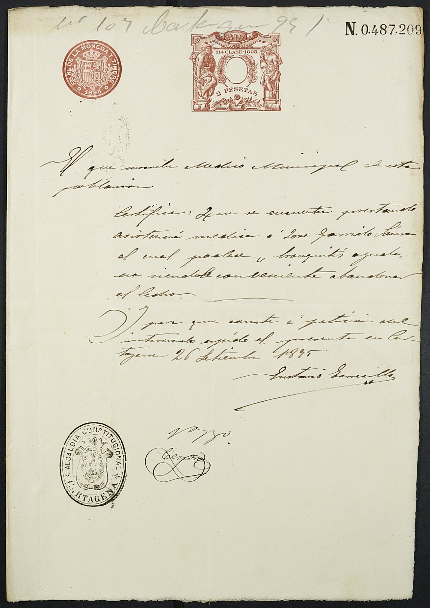 Certificado médico de José Garrido Sanz para la excepción del servicio militar, mozo del reemplazo de 1895 de Cartagena.
