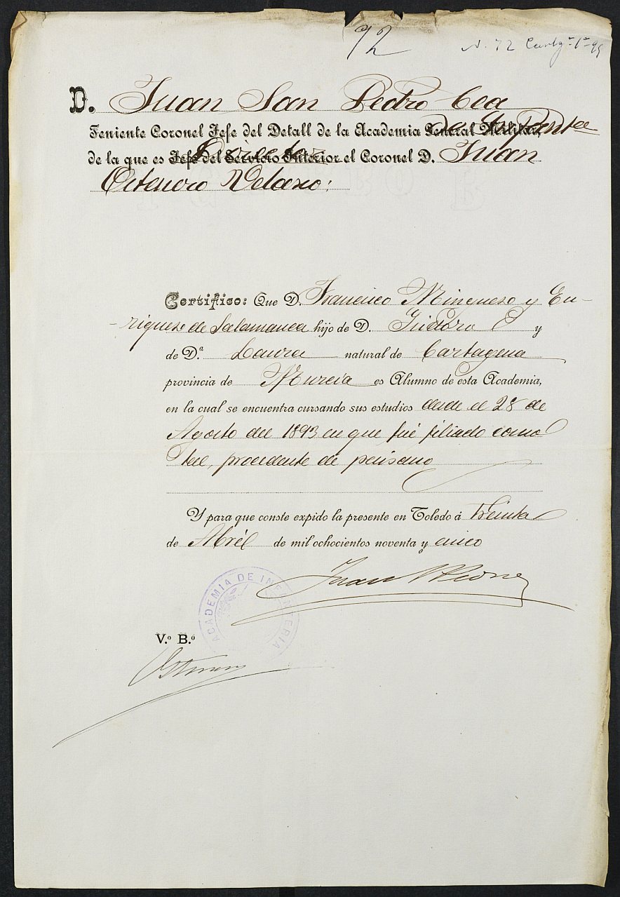 Certificado de alumno de Academia Militar de Francisco Mínguez Enríquez para la excepción del servicio militar, mozo del reemplazo de 1895 de Cartagena.