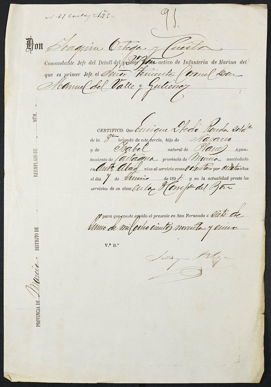 Certificado de servicio como voluntario del Ejército de Enrique Lledó Ronda para la excepción del servicio militar, mozo del reemplazo de 1895 de Cartagena.