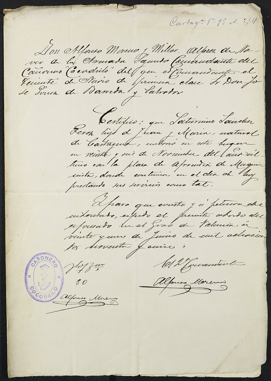 Certificado de servicio como voluntario del Ejército de Saturnino Sánchez Pérez para la excepción del servicio militar, mozo del reemplazo de 1895 de Cartagena.