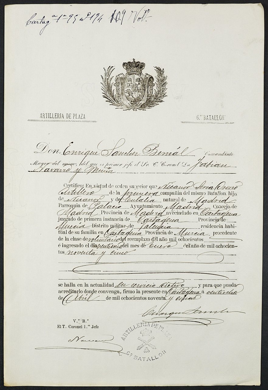 Certificado de servicio como voluntario del Ejército de Nicanor Soria Osorio, mozo del reemplazo de 1895 de Cartagena.