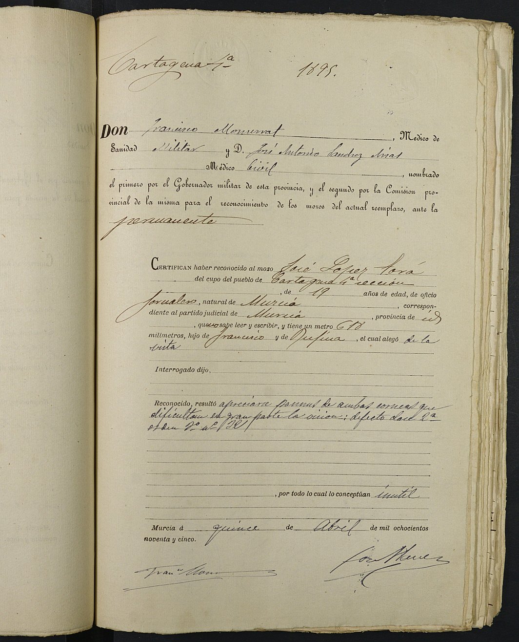 Copia certificada del expediente general de Quintas de la Sección 4ª del Ayuntamiento de Cartagena del cupo de 1895.
