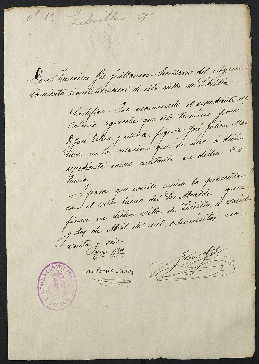 Certificados de habitante de colonia agrícola de José Galian Martínez para la excepción del servicio militar, mozo del reemplazo de 1895 de Librilla