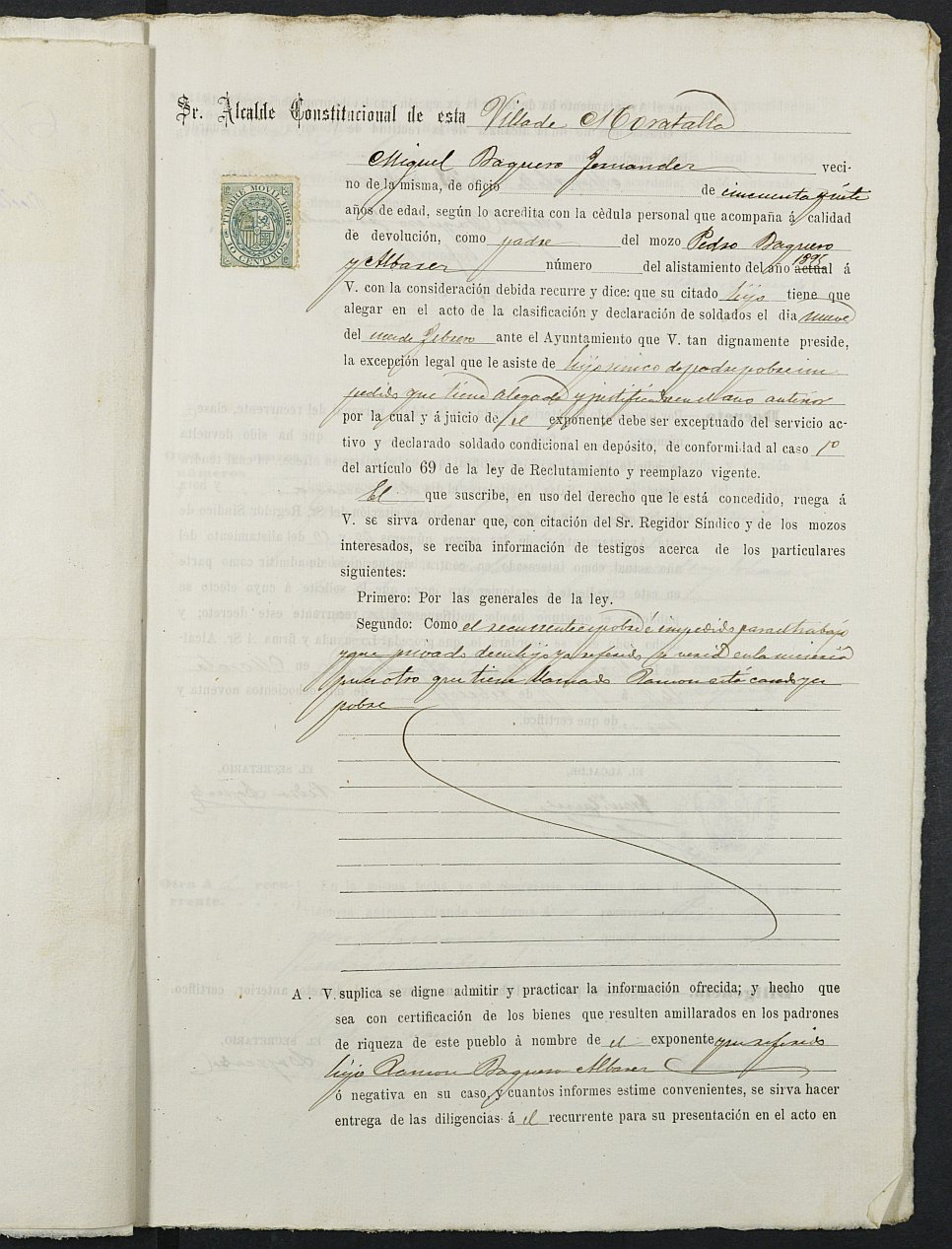 Expediente justificativo de la excepción del servicio militar de Pedro Baquero Álvarez, mozo del reemplazo de 1895 de Moratalla.