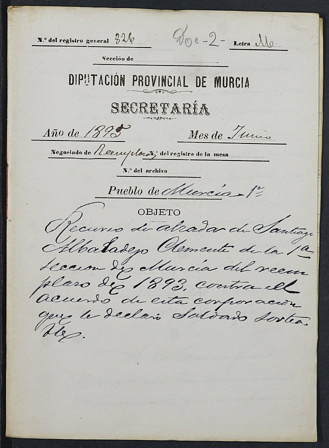 Recurso de alzada contra el acuerdo que declaró sorteable a Santiago Albadalejo Clemente de la 1ª Sección del cupo de 1893 del Ayuntamiento de Murcia, mozo del reemplazo de 1895 de Murcia.