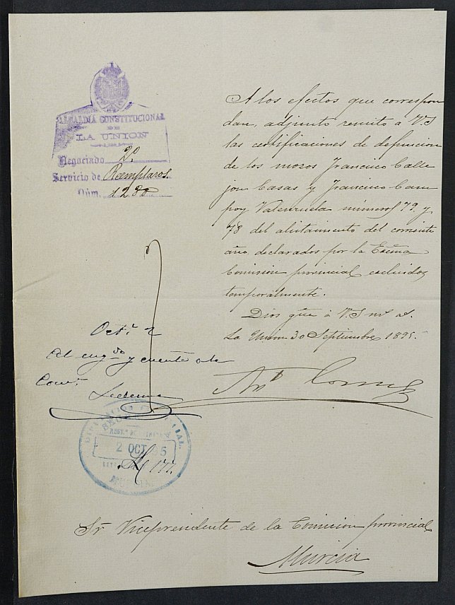 Certificado de defunción de Francisco Callejón Casas para la excepción del servicio militar, mozo del reemplazo de 1895 de La Unión.
