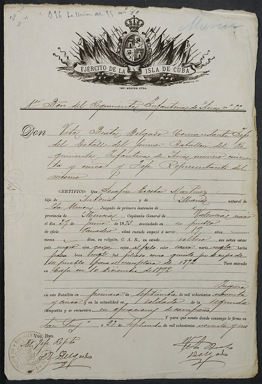 Certificado del servicio en el ejército de Serafín Escobar Martínez para la exención de Francisco Escobar Martínez, mozo del reemplazo de 1895 de La Unión.