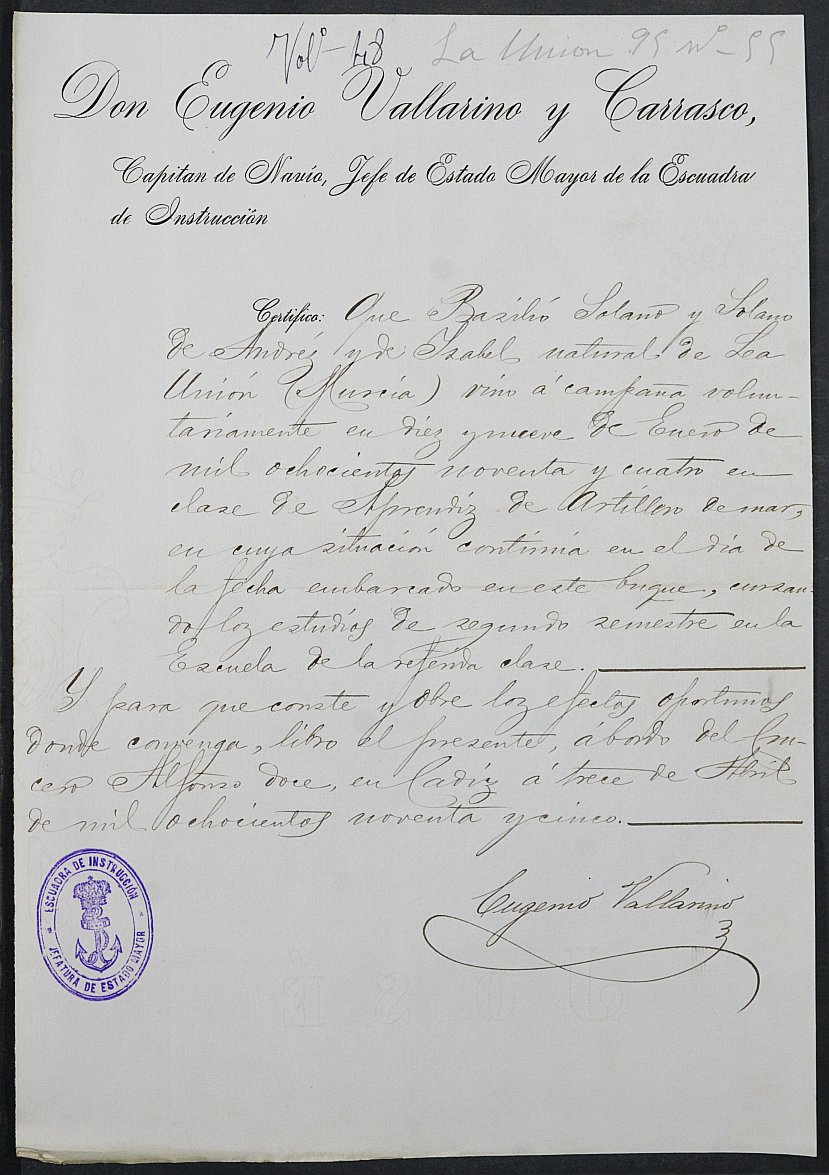 Certificado del servicio en el ejército de Serafín Basilio Solano Solano para la excepción del servicio militar, mozo del reemplazo de 1895 de La Unión.