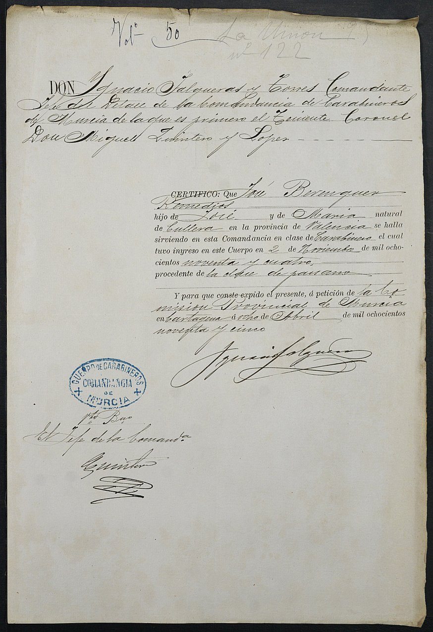 Certificado de servicio como voluntario del Ejército de José Berenguer Remedios para la excepción del servicio militar, mozo del reemplazo de 1895 de La Unión.