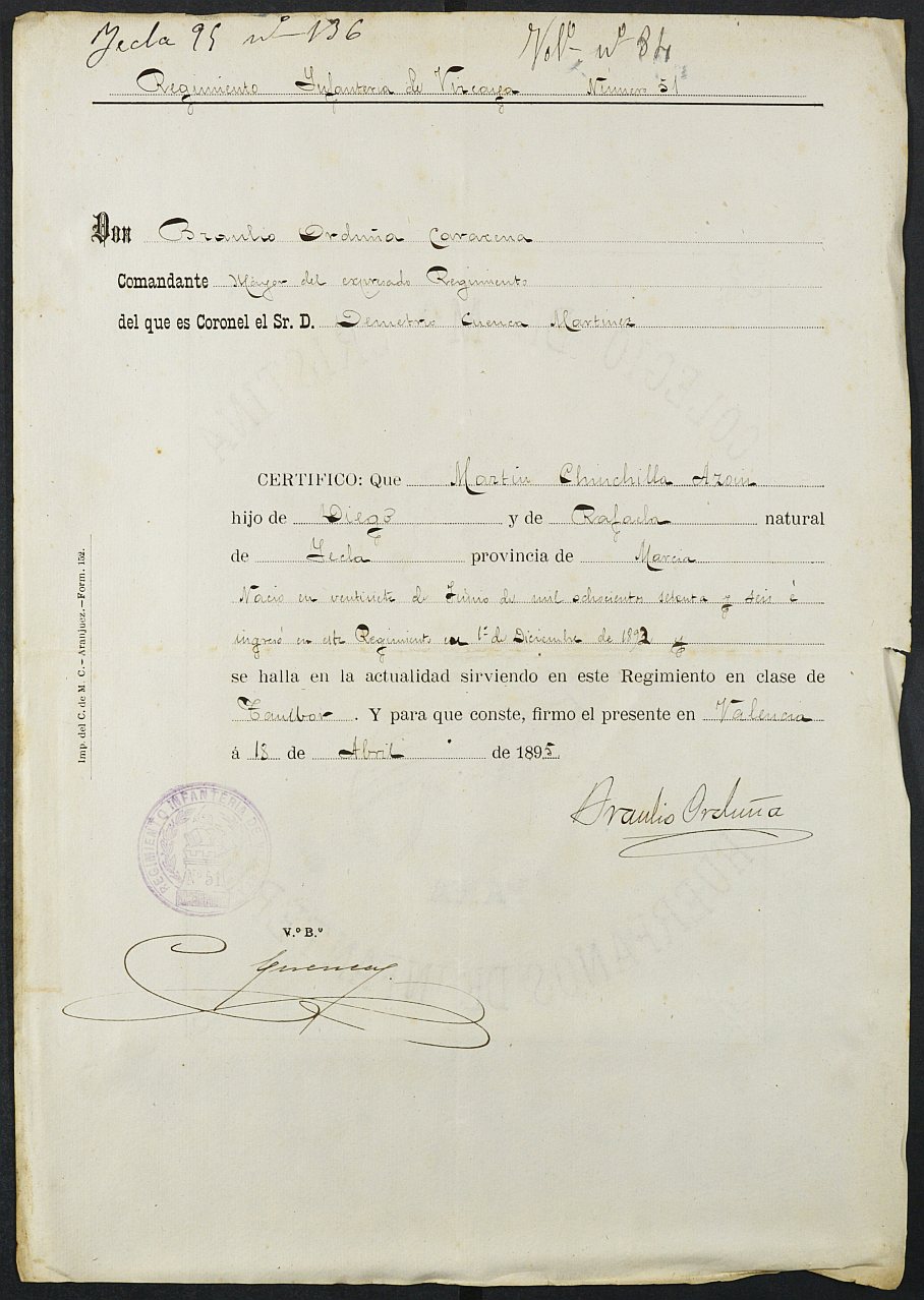Certificado de servicio como voluntario del Ejército de Martín Chinchilla Azorín para la excepción del servicio militar, mozo del reemplazo 1895 de Yecla.